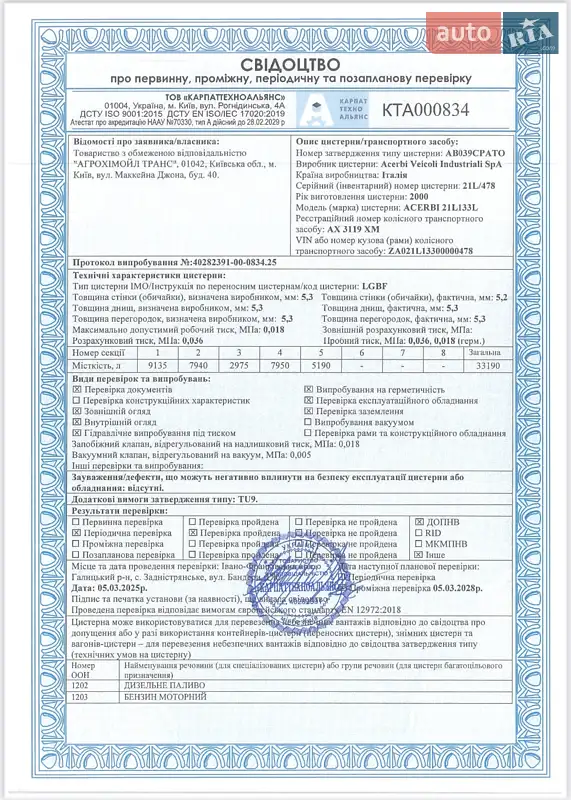 Цистерна полуприцеп Acerbi 21L 2000 в Киеве документ 2 фото Цистерна полуприцеп Acerbi 21L 2000 в Киеве документ