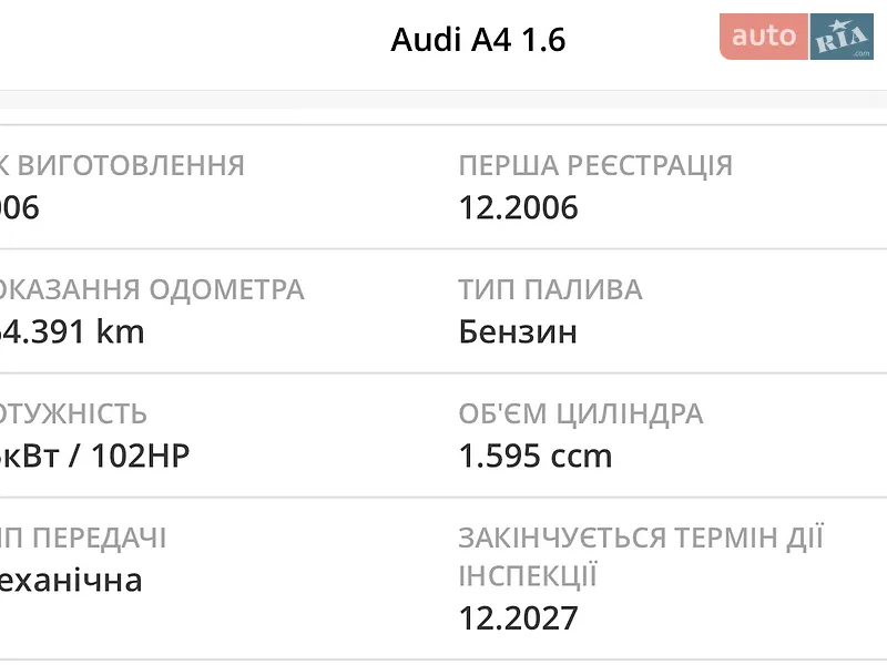 Седан Audi A4 2006 в Виннице документ