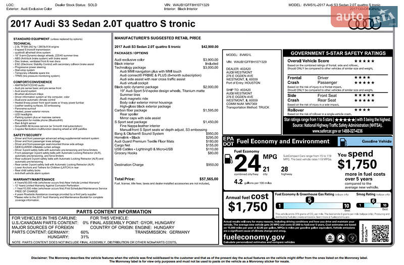 Седан Audi S3 2017 в Тернополі