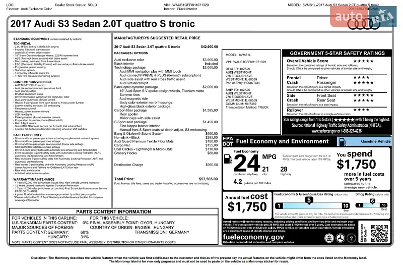 Седан Audi S3 2017 в Тернополі документ
