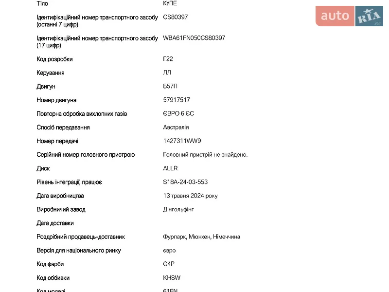 Купе BMW 4 Series 2024 в Луцке документ