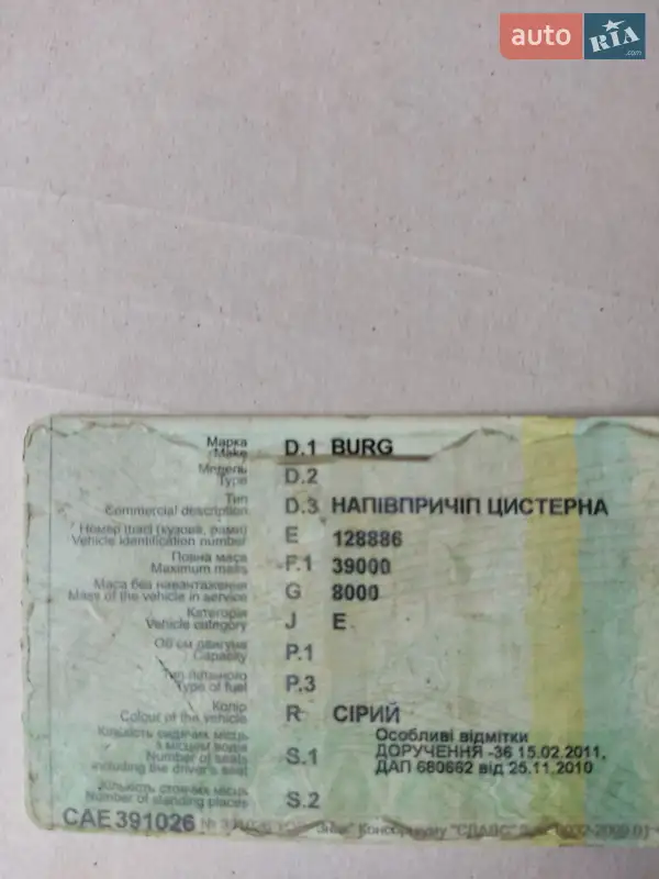 Цистерна напівпричіп Burg Burg 1989 в Кременчуці документ