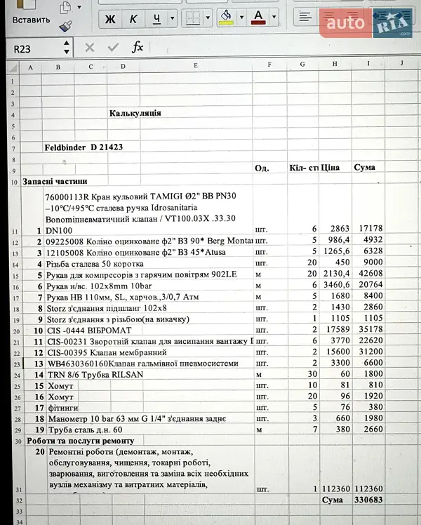 Цистерна полуприцеп Feldbinder EUT 1996 в Лозовой документ