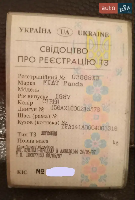 Хэтчбек Fiat Panda 1987 в Киеве документ
