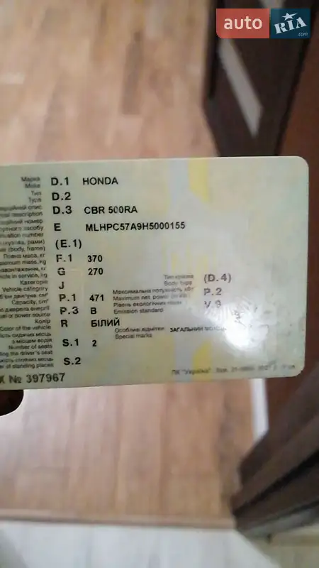 Мотоцикл Спорт-туризм Honda CBR 500R 2018 в Ровно документ 2 фото Мотоцикл Спорт-туризм Honda CBR 500R 2018 в Ровно документ