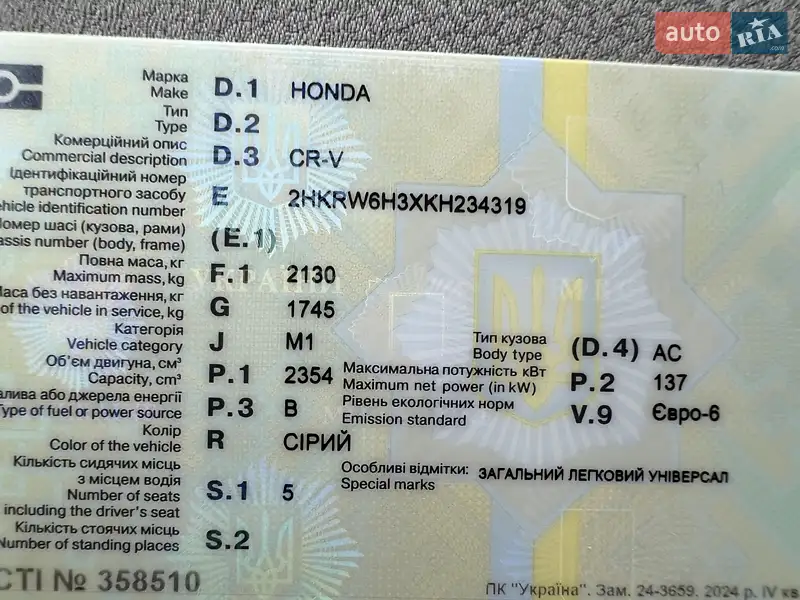 Внедорожник / Кроссовер Honda CR-V 2019 в Сквире документ