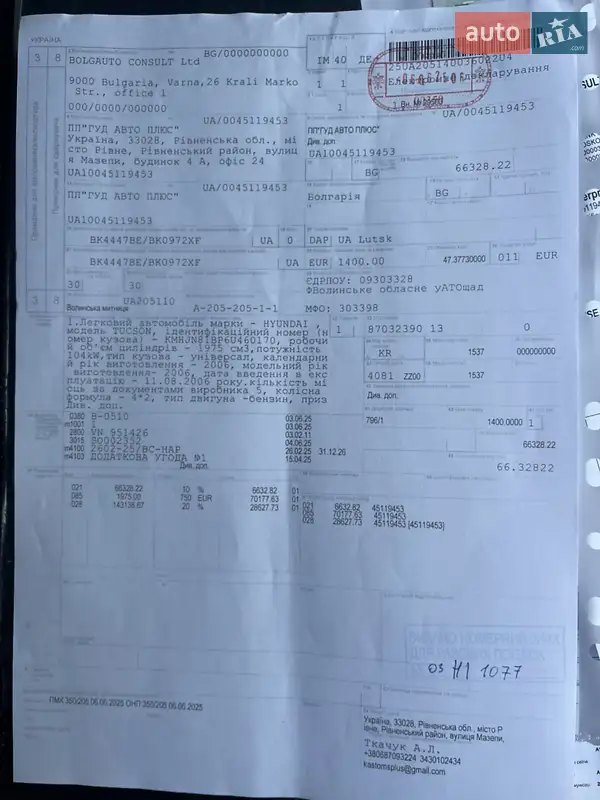 Внедорожник / Кроссовер Hyundai Tucson 2006 в Ровно документ