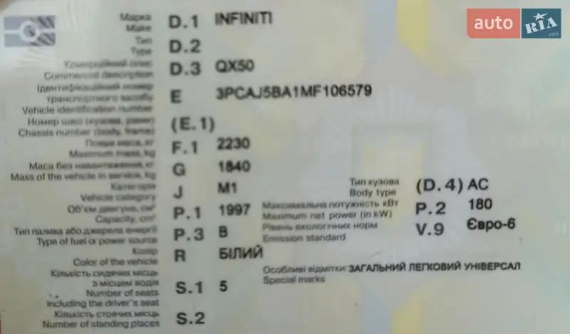 Внедорожник / Кроссовер Infiniti QX50 2020 в Тульчине документ