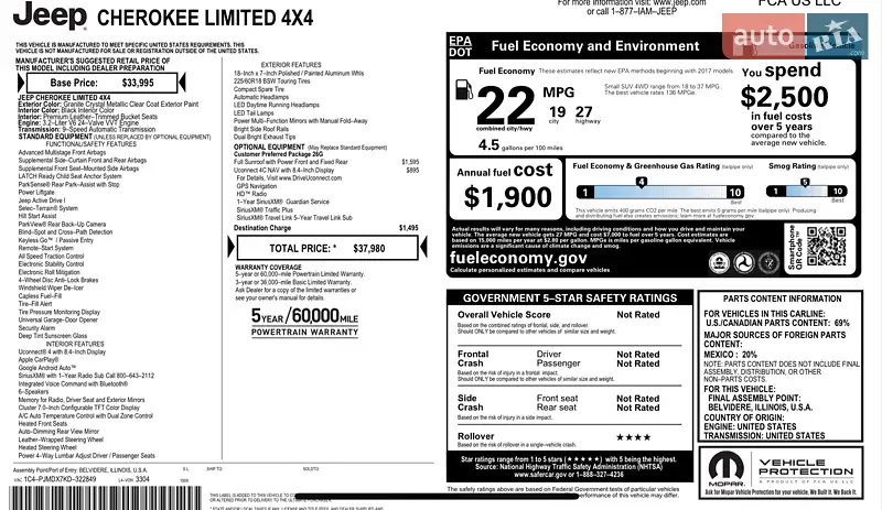 Внедорожник / Кроссовер Jeep Cherokee 2018 в Броварах документ