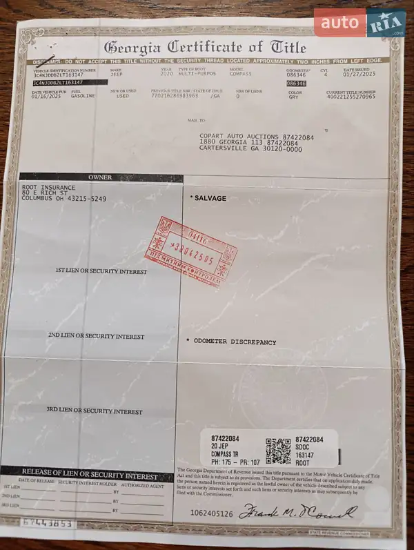 Внедорожник / Кроссовер Jeep Compass 2019 в Коломые документ