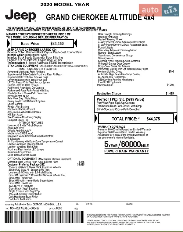 Внедорожник / Кроссовер Jeep Grand Cherokee 2020 в Львове документ