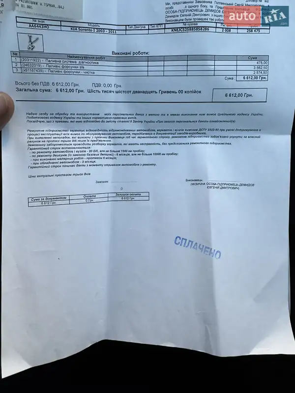 Внедорожник / Кроссовер Kia Sorento 2008 в Киеве документ