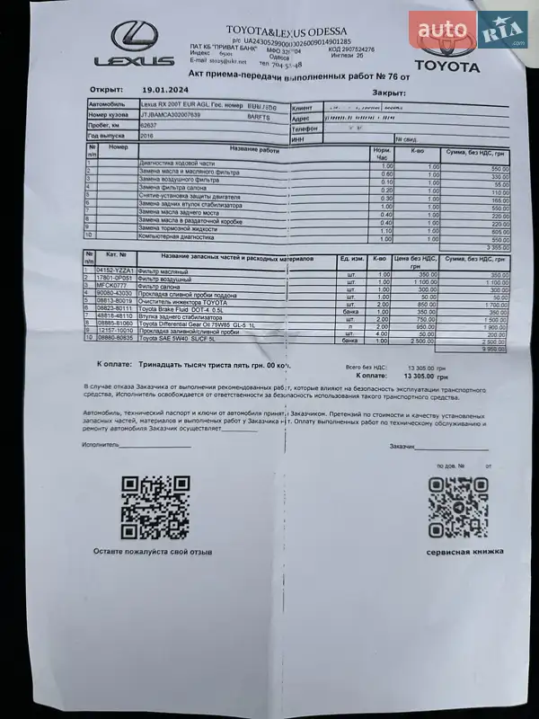 Внедорожник / Кроссовер Lexus RX 2016 в Киеве документ