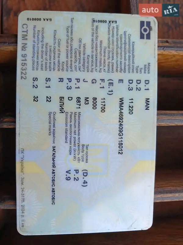 Міський автобус MAN 11.220 1997 в Коломиї документ