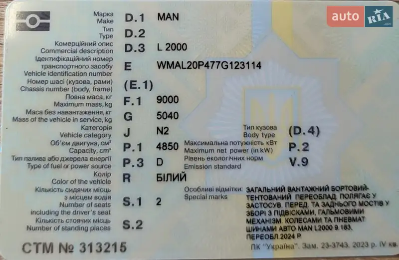 Грузовой фургон MAN L 2000 1998 в Харькове документ