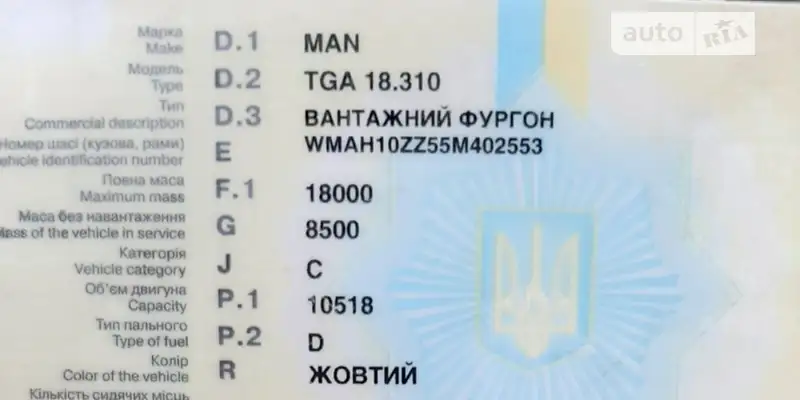 Контейнеровоз MAN TGA 2005 в Каменец-Подольском документ