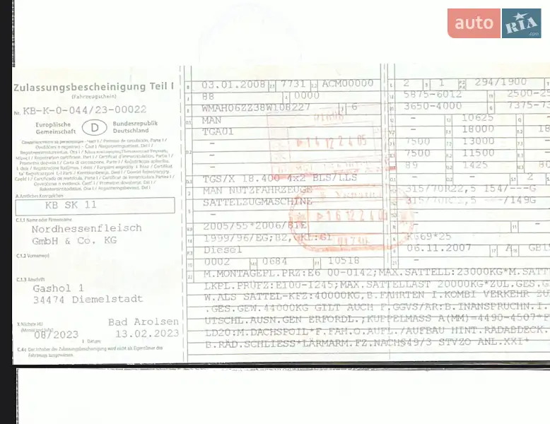 Тягач MAN TGA 2008 в Хусте документ