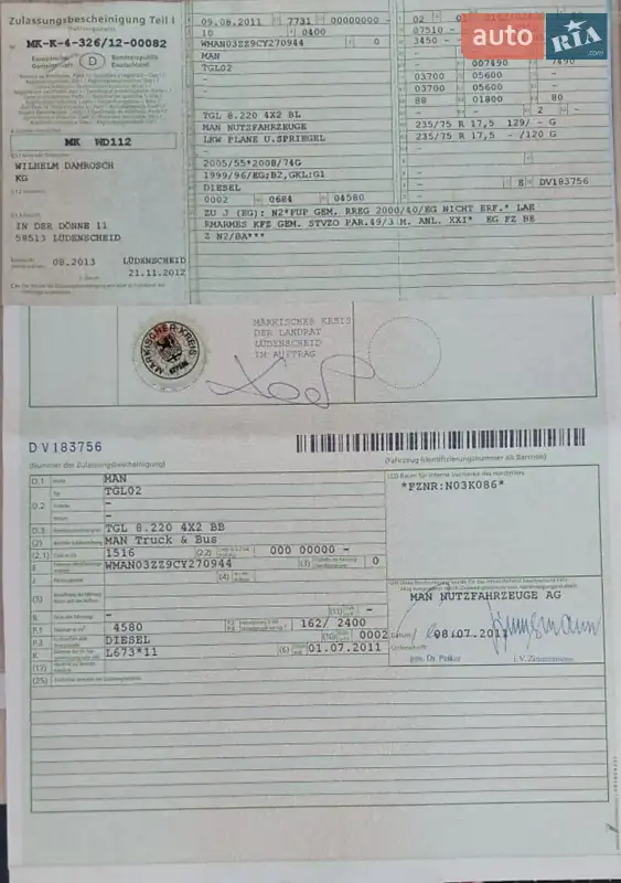 Тентованый MAN TGL 2011 в Калуше документ