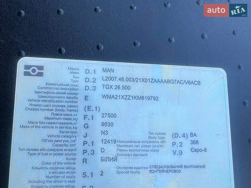 Контейнеровоз MAN TGX 2019 в Киеве документ