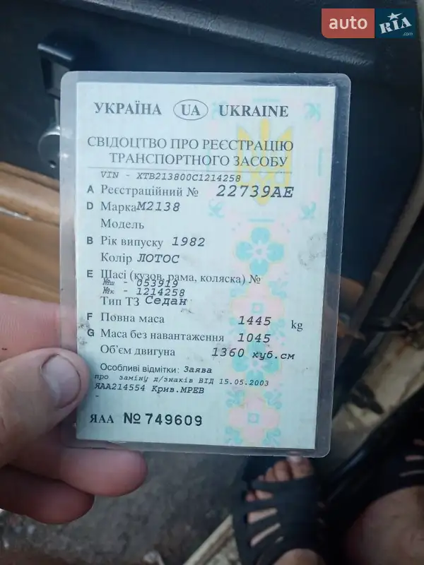 Седан Москвич/АЗЛК 2140 1982 в Днепре документ