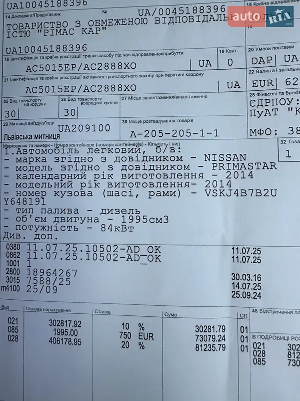 Мінівен Nissan Primastar 2014 в Луцьку документ