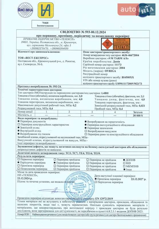 Цистерна полуприцеп Ovriga Norfrig 2004 в Кременчуге