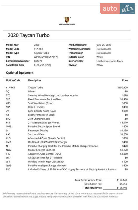 Седан Porsche Taycan 2020 в Львове