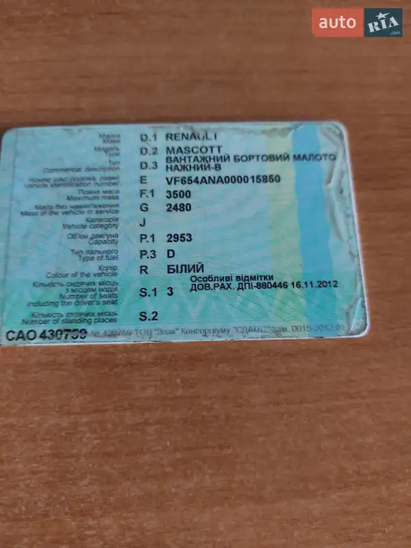 Борт Renault Mascott 2005 в Запоріжжі документ