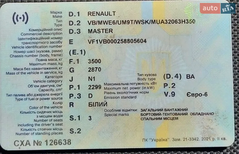 Грузовой фургон Renault Master 2017 в Кривом Роге документ