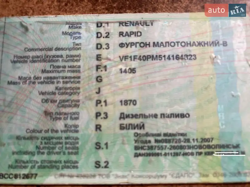 Минивэн Renault Rapid 1996 в Судовой Вишне документ