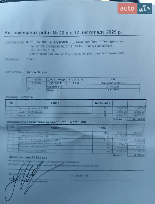Лифтбек Skoda Octavia 2012 в Львове документ