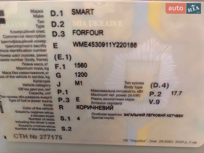 Хэтчбек Smart Forfour 2018 в Одессе документ