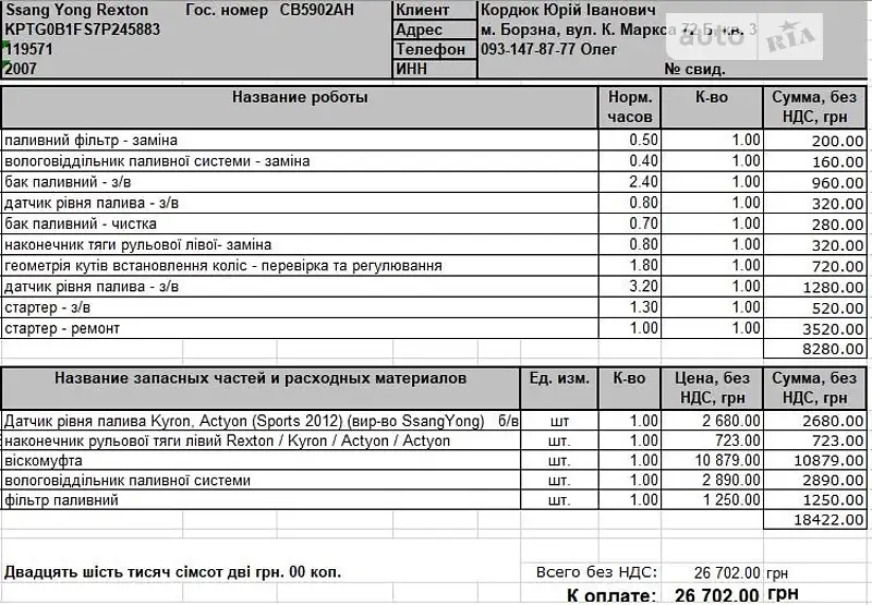 Внедорожник / Кроссовер SsangYong Rexton 2007 в Киеве документ