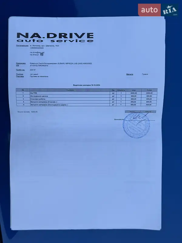 Седан Subaru Impreza WRX 2005 в Житомире документ