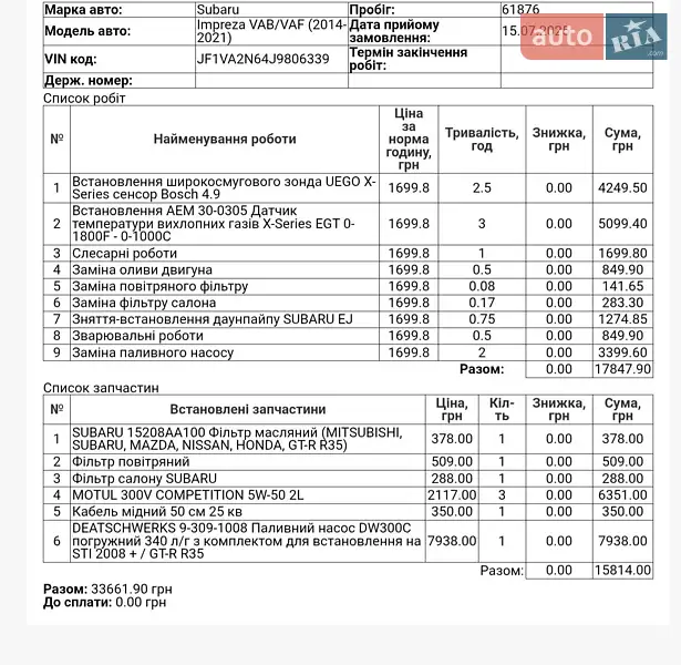 Седан Subaru WRX STI 2017 в Киеве документ