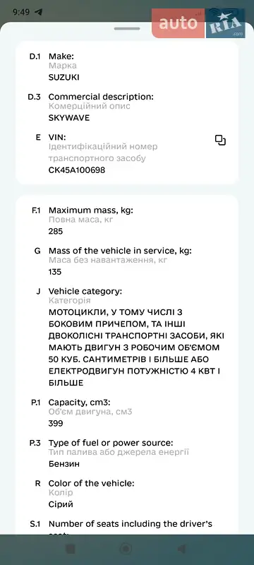 Максі-скутер Suzuki Skywave 400 2011 в Одесі документ