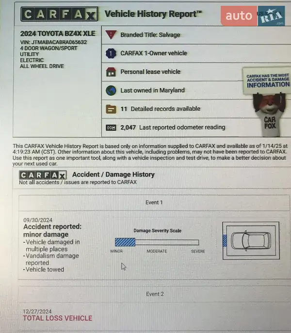 Внедорожник / Кроссовер Toyota bZ4X 2024 в Киеве документ