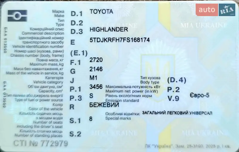 Позашляховик / Кросовер Toyota Highlander 2015 в Малині документ