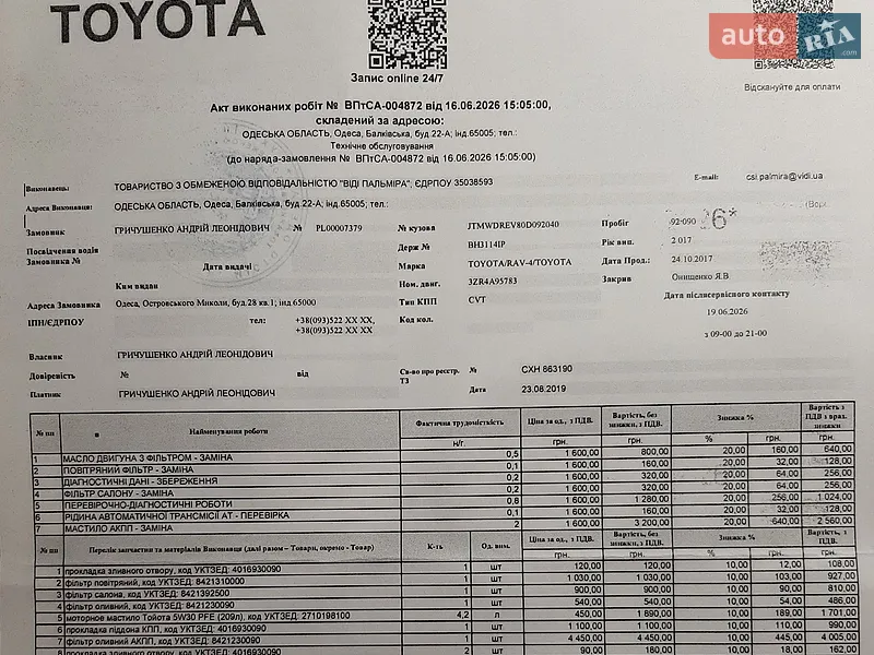 Внедорожник / Кроссовер Toyota RAV4 2017 в Одессе документ