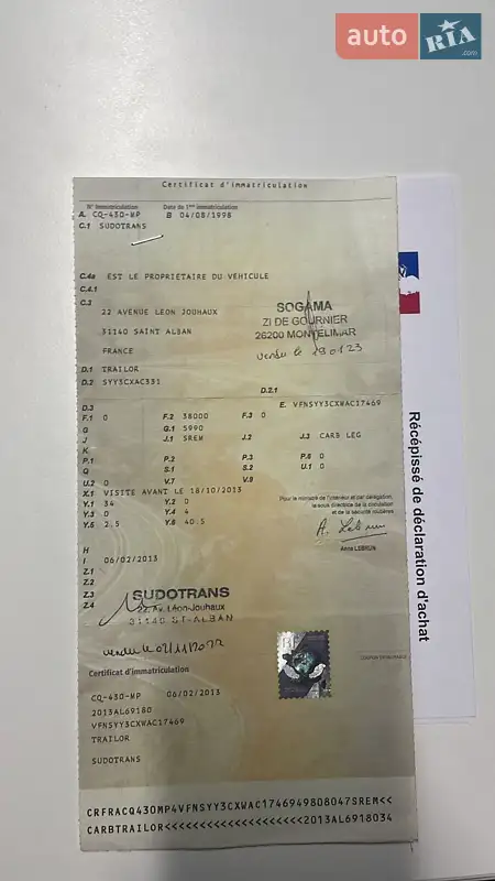 Цистерна напівпричіп Trailor GeneralTrailor 1998 в Вінниці документ