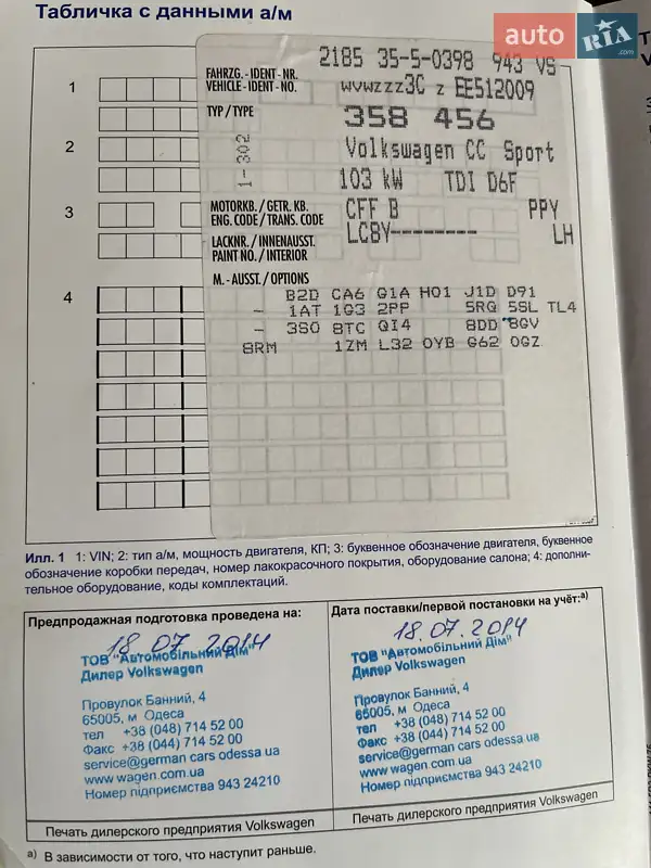 Купе Volkswagen CC / Passat CC 2013 в Одессе документ 2 фото Купе Volkswagen CC / Passat CC 2013 в Одессе документ