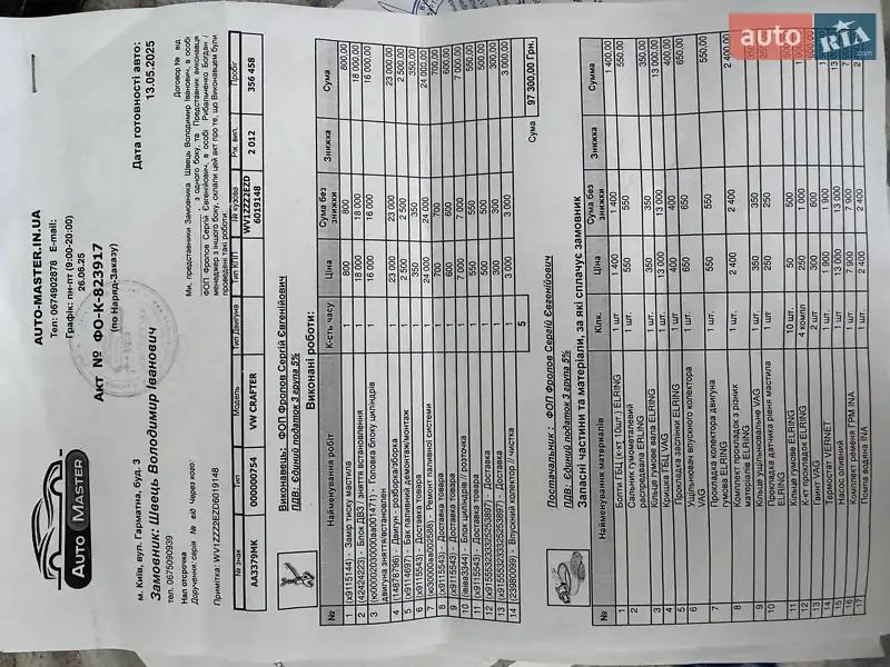 Грузовой фургон Volkswagen Crafter 2012 в Киеве документ