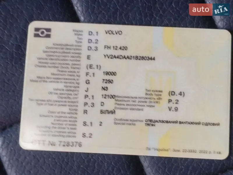 Тягач Volvo FH 12 2001 в Маневичах документ