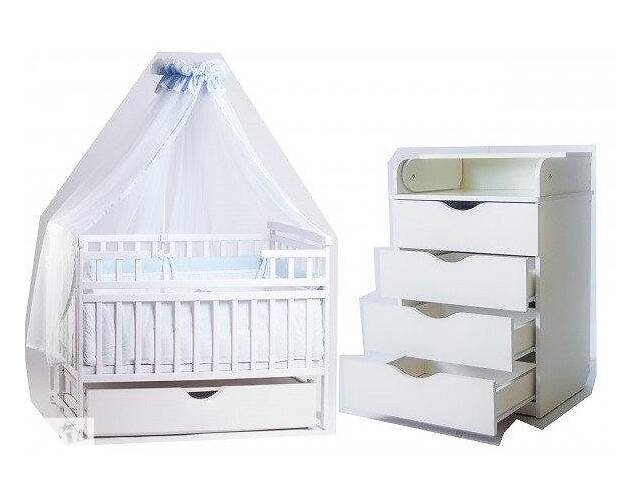 АКЦИЯ! кроватка Лодочка Де сон + комод + постельный набор 9в1 + матрас Белый