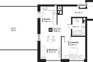 Продається 1-кімнатна квартира 65.79 кв. м у Львові