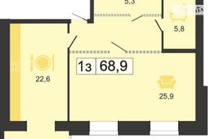 Продається 1-кімнатна квартира 68.9 кв. м у Дніпрі